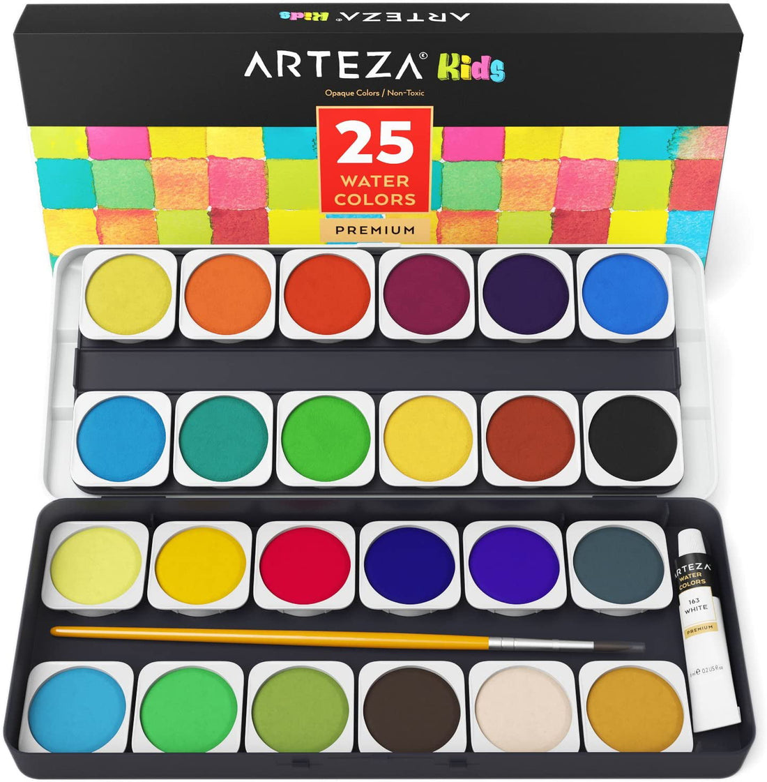 Arteza Kids Washable Non-Toxic Watercolor Paint Set, Assorted Opaque Colors - 25 Pack