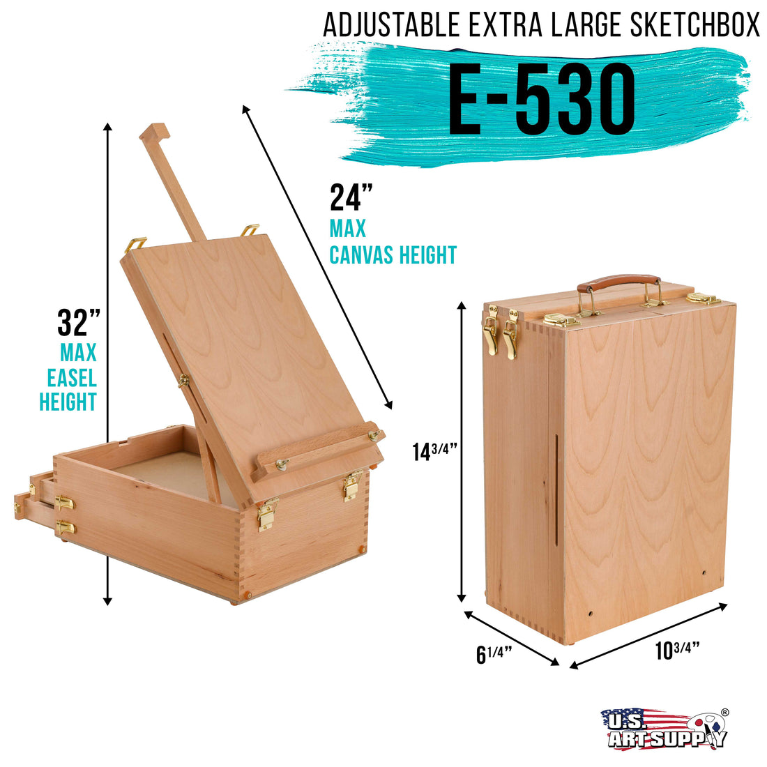 U.S. Art Supply Grand Cayman 2 Drawer Adjustable Wood Table Sketchbox Easel