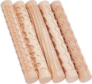 GORGECRAFT 6 Inch 5 Styles Wooden Handle Clay Texture Roller Modeling Pattern Pottery Tools Handmade Clay Slab Rollers Pins Leaves Wave Snowflake for Ceramics Pastries Cookies or DIY Projects