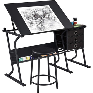 Chictail Height Adjustable Drafting Table with Stool & Storage Drawers